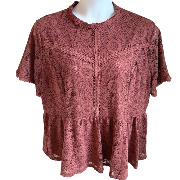 Rust Lace Peplum Top 2X Mock Neck Cottagecore Romantic Academia Holiday Party - Picture 1 of 6